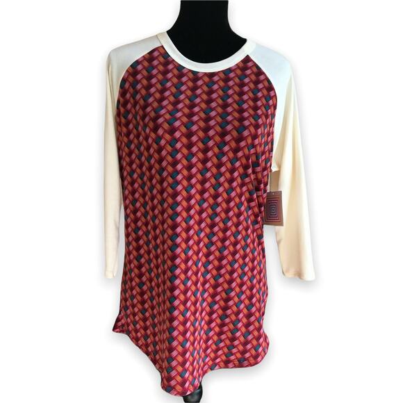 LuLaRoe Randy Baseball Tee Top Basketweave Burgundy Cream Gold‎ Teal Large - Picture 2 of 6